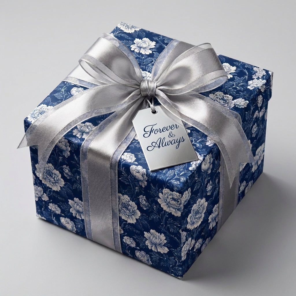 Elegant blue and white floral wrapping paper with a silver ribbon on a wedding gift box by Wrapped Studios.