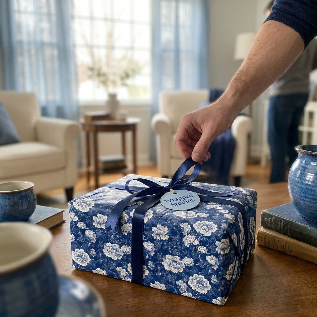 Elegant blue floral wrapping paper on a luxury gift box being untied by Wrapped Studios.