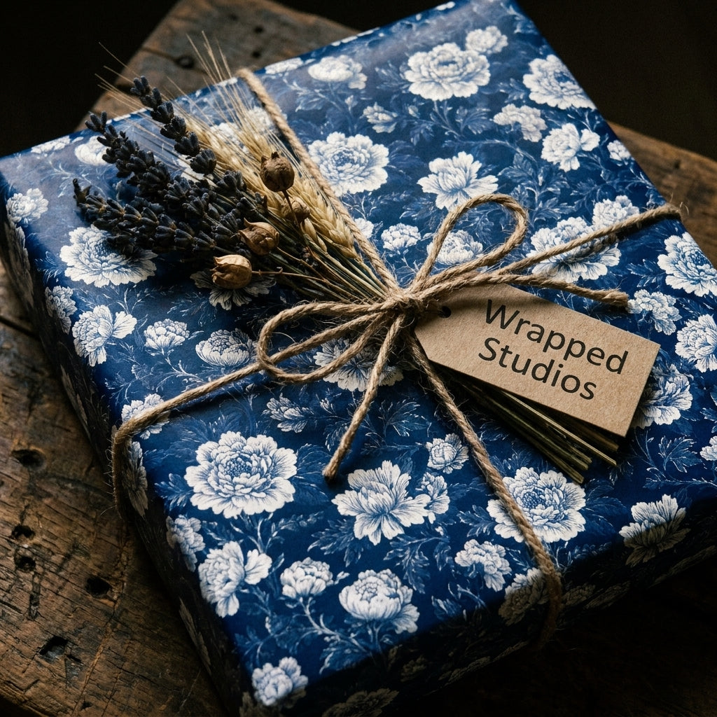 Vintage navy blue floral wrapping paper with rustic twine and lavender by Wrapped Studios.