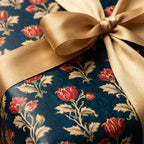 Luxury teal and red vintage floral wrapping paper with a gold satin bow by Wrapped Studios.