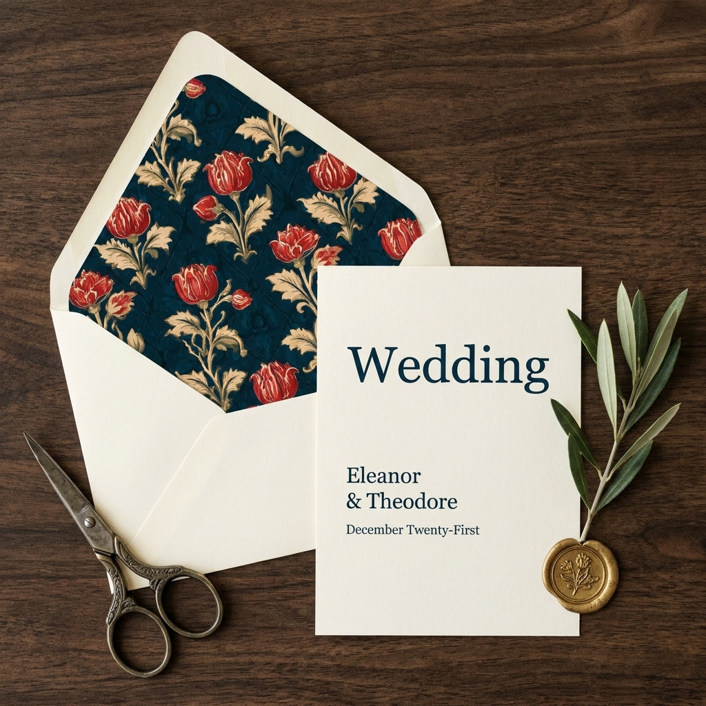Elegant vintage floral wedding invitation with red tulip envelope liner and gold wax seal by Wrapped Studios.
