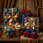 Luxury vintage floral wrapping paper in navy and gold with satin bows by Wrapped Studios.