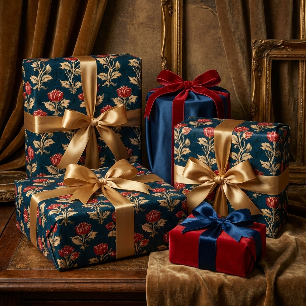 Luxury vintage floral wrapping paper in navy and gold with satin bows by Wrapped Studios.