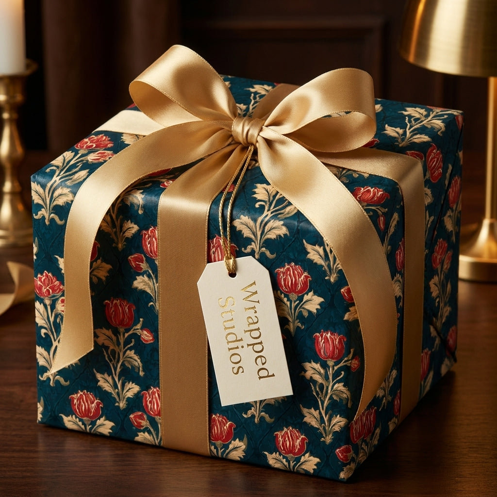Luxury vintage floral wrapping paper in teal and red with a gold ribbon and Wrapped Studios gift tag.