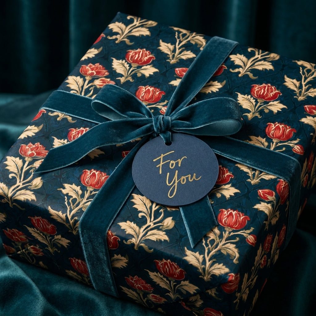 Luxury vintage floral wrapping paper in dark teal and red with velvet bow by Wrapped Studios.