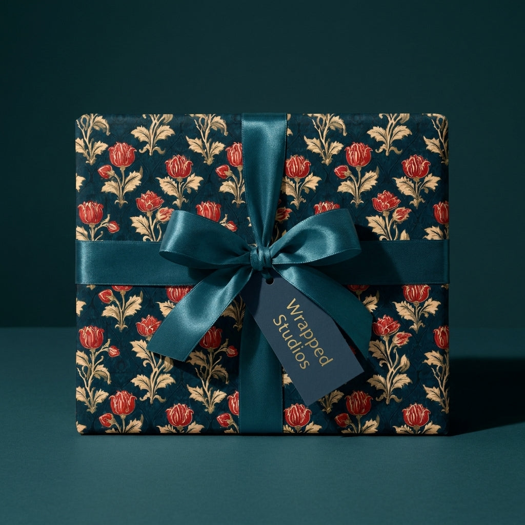 Luxury vintage floral wrapping paper in dark teal with a satin bow by Wrapped Studios.