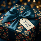 Luxury vintage floral Christmas wrapping paper with a teal satin bow by Wrapped Studios.