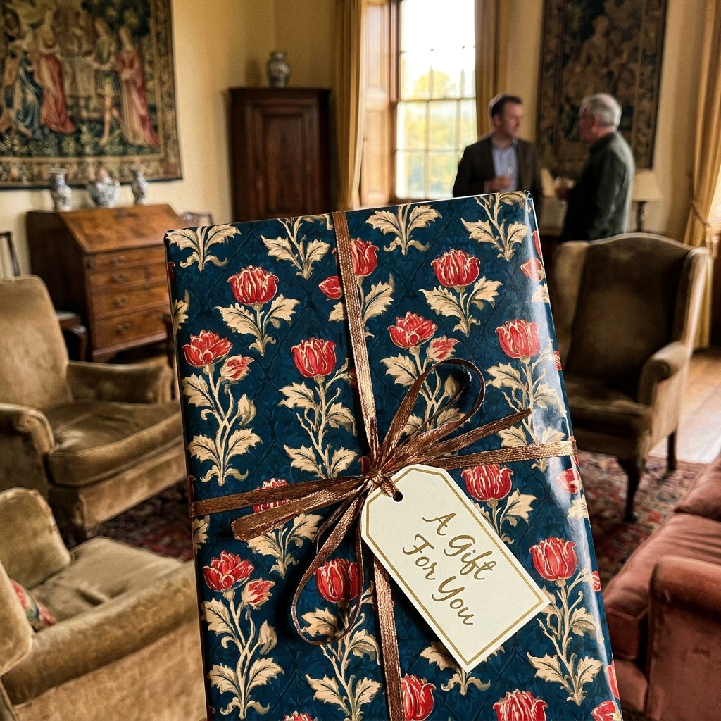 Luxury navy and red vintage floral wrapping paper with a gift tag and ribbon by Wrapped Studios.