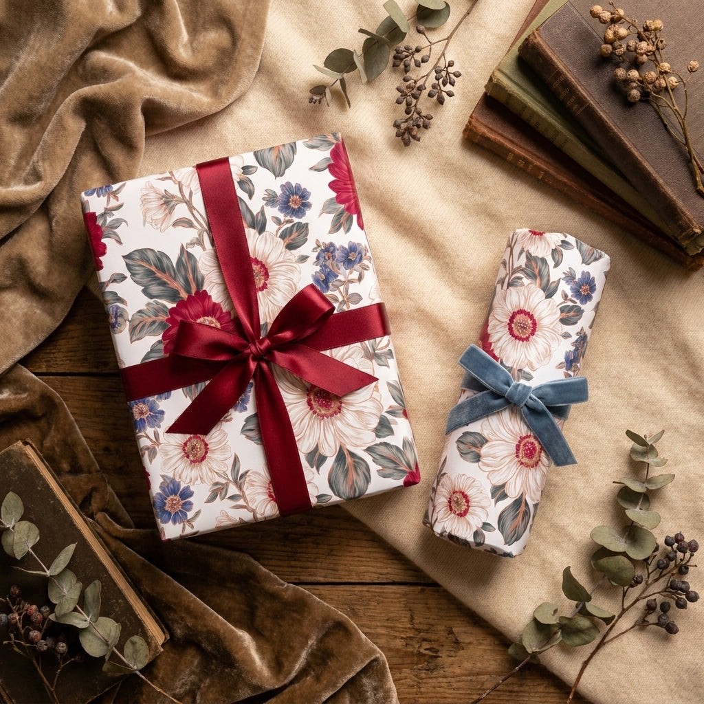 Luxury vintage floral wrapping paper on a gift box with a burgundy bow by Wrapped Studios.