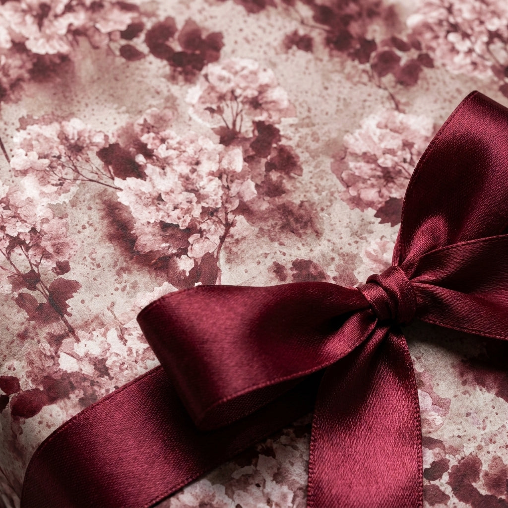 Luxury burgundy floral wrapping paper with a matching satin bow for elegant wedding gifts, by Wrapped Studios.