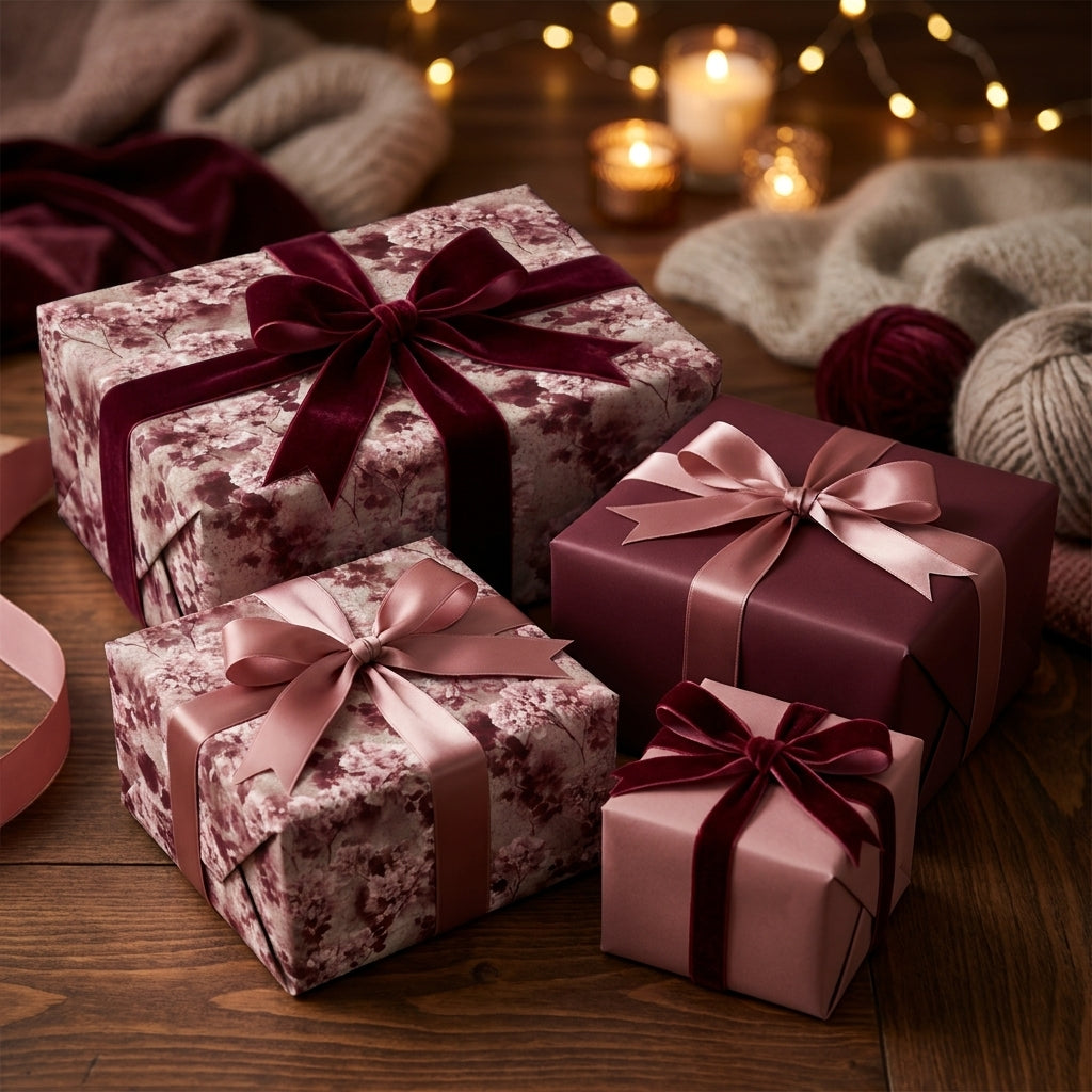 Luxury burgundy floral wrapping paper on elegant gift boxes with velvet bows by Wrapped Studios.