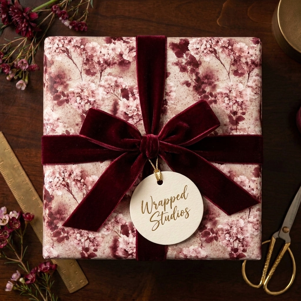 Elegant burgundy floral wrapping paper with a velvet bow and gift tag by Wrapped Studios.