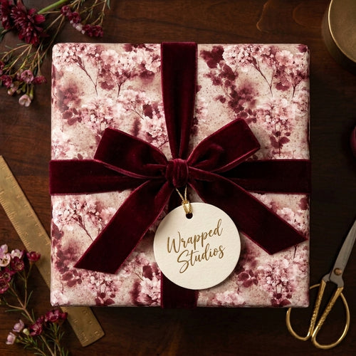 Elegant burgundy floral wrapping paper with a velvet bow and gift tag by Wrapped Studios.