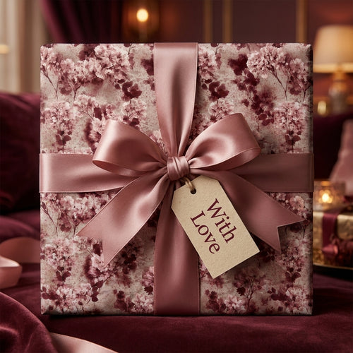 Vintage floral wrapping paper with a dusty rose satin bow and "With Love" tag by Wrapped Studios.