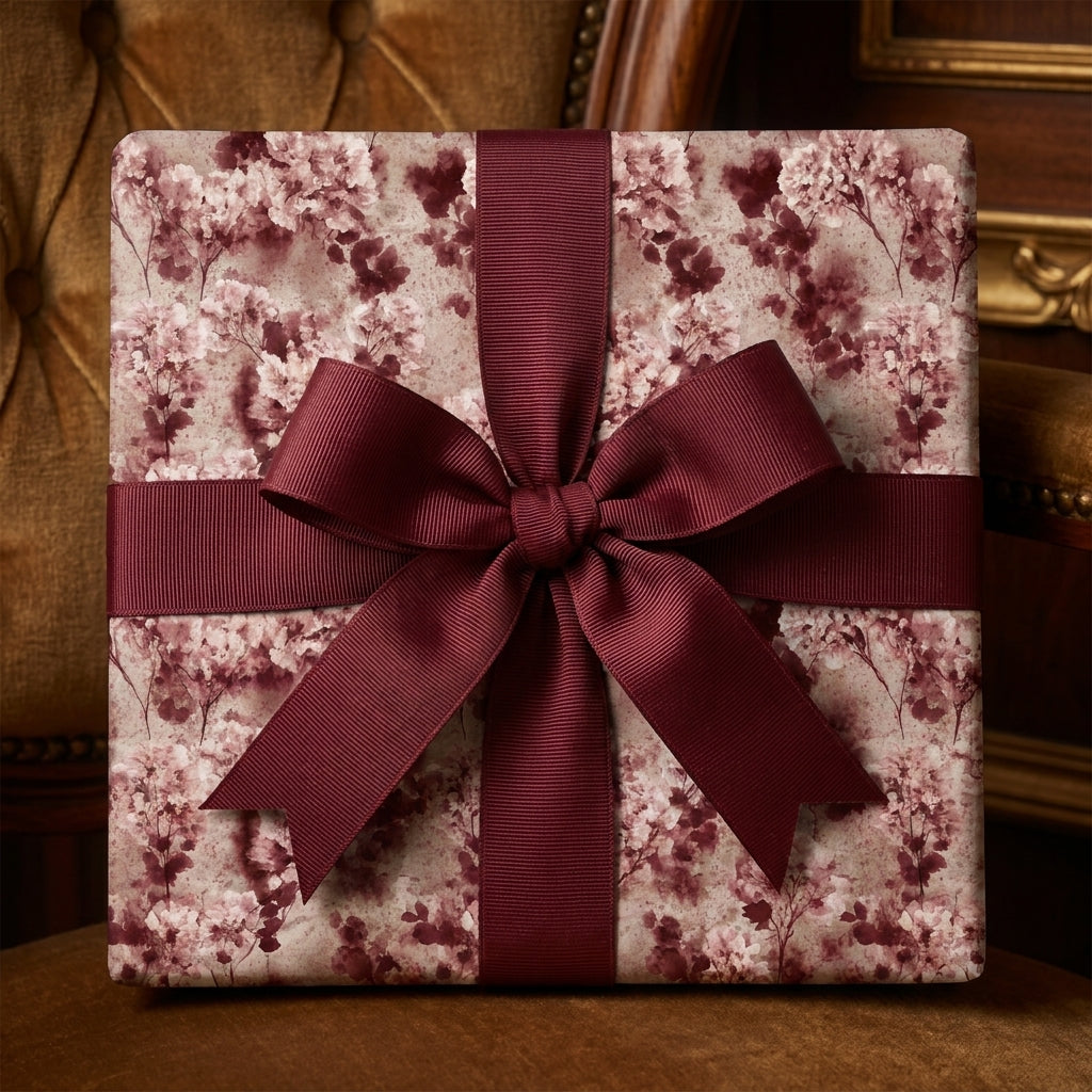 Vintage burgundy floral wrapping paper with a luxury grosgrain bow by Wrapped Studios.