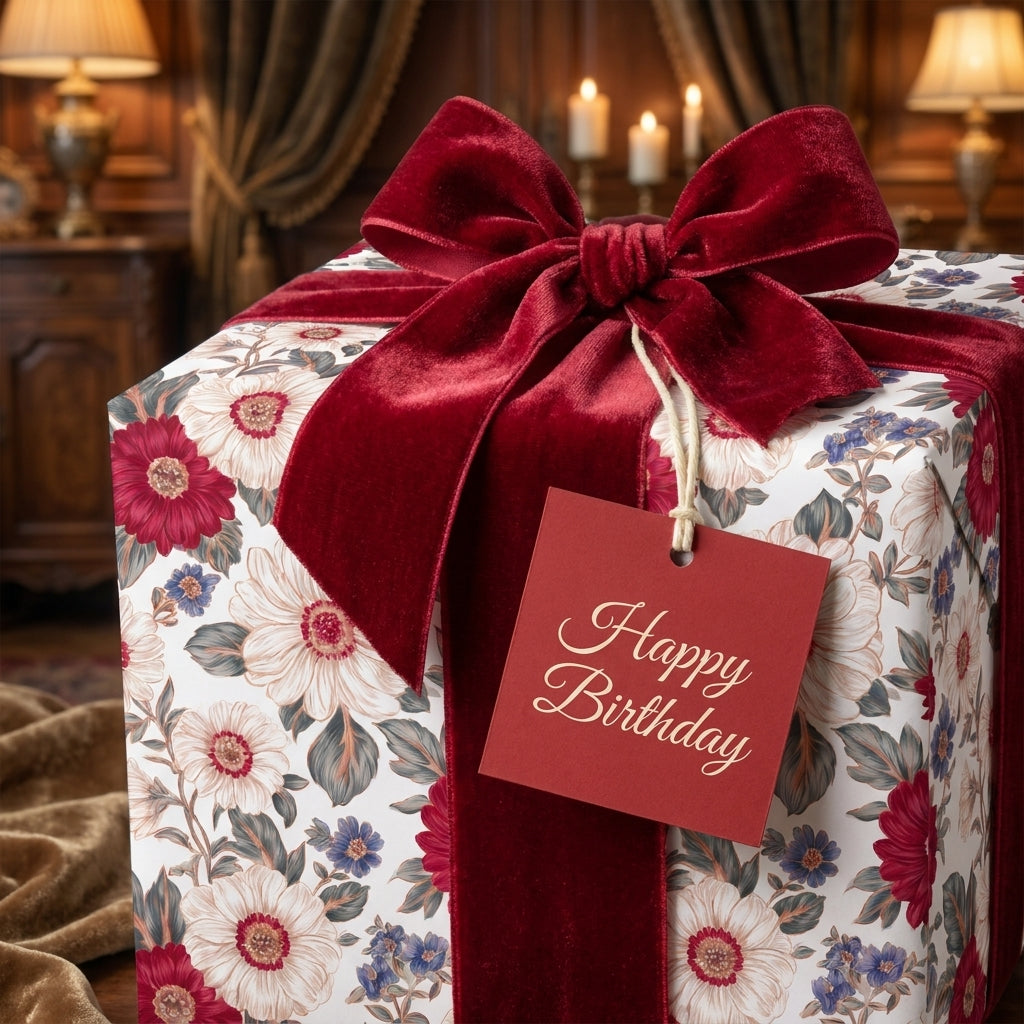 Luxury vintage floral wrapping paper with red velvet bow and birthday gift tag by Wrapped Studios.