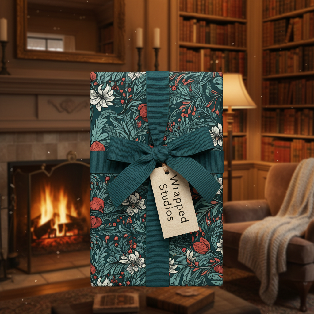 Dark teal floral luxury gift wrap with a teal ribbon and bow, perfect for elegant holiday or birthday presents in a cozy, vintage library setting.