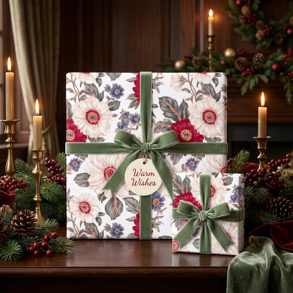 Luxury vintage floral Christmas wrapping paper with green velvet ribbon, by Wrapped Studios.