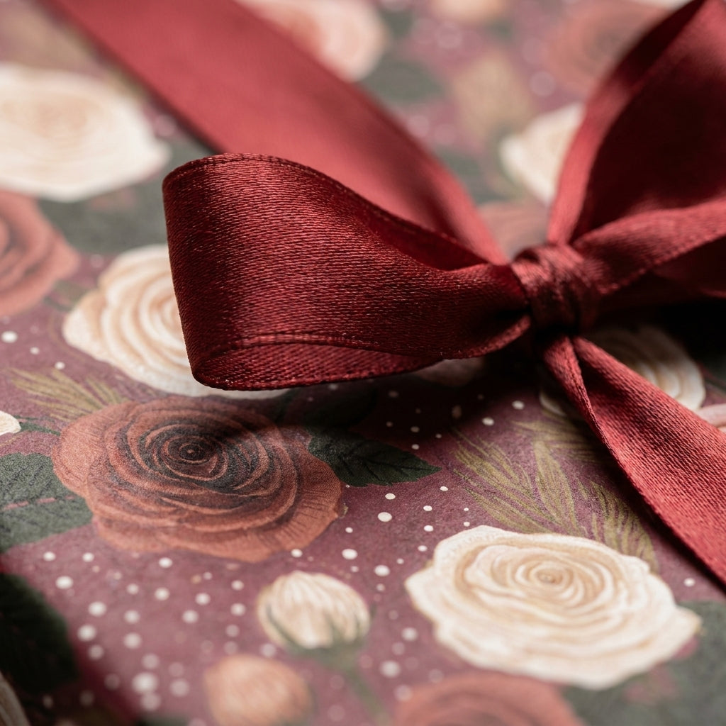 Luxury floral wrapping paper with vintage cream roses and a burgundy satin bow by Wrapped Studios.