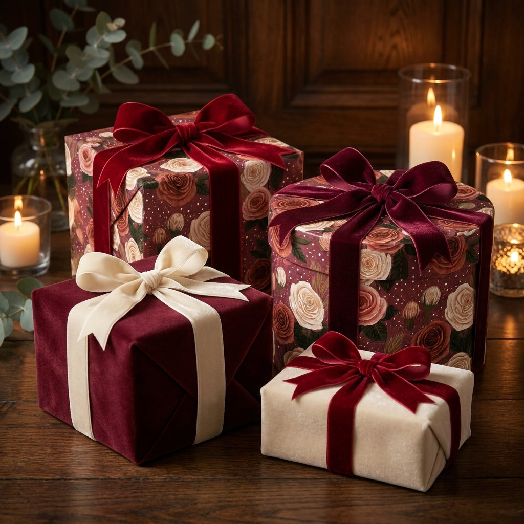 Vintage burgundy floral wrapping paper and luxury velvet ribbon on holiday gifts by Wrapped Studios.