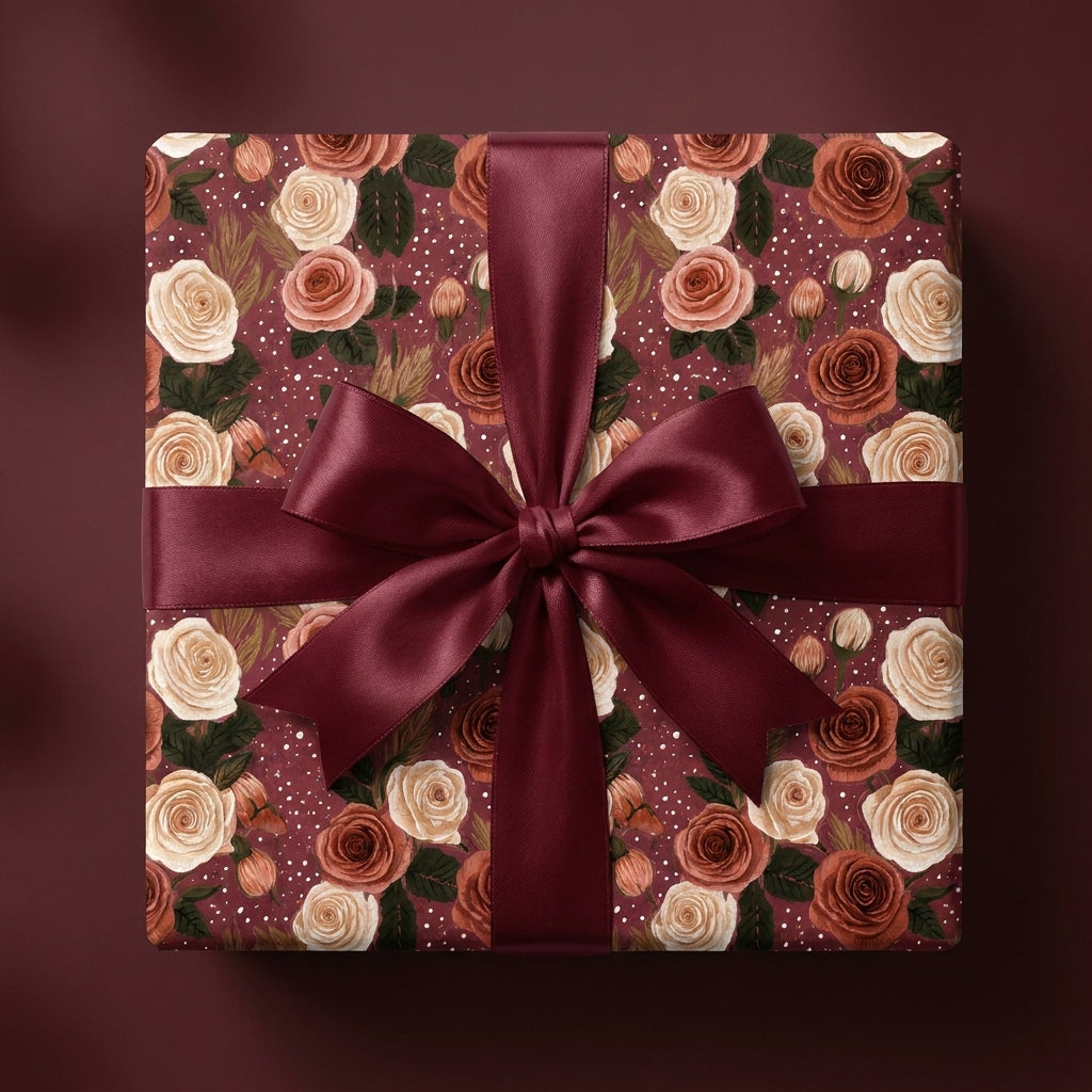 Luxury burgundy floral wrapping paper with cream roses and a satin bow, from Wrapped Studios.