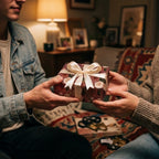 Hands exchanging a gift wrapped in vintage floral wrapping paper with a cream satin bow. Wrapped Studios.