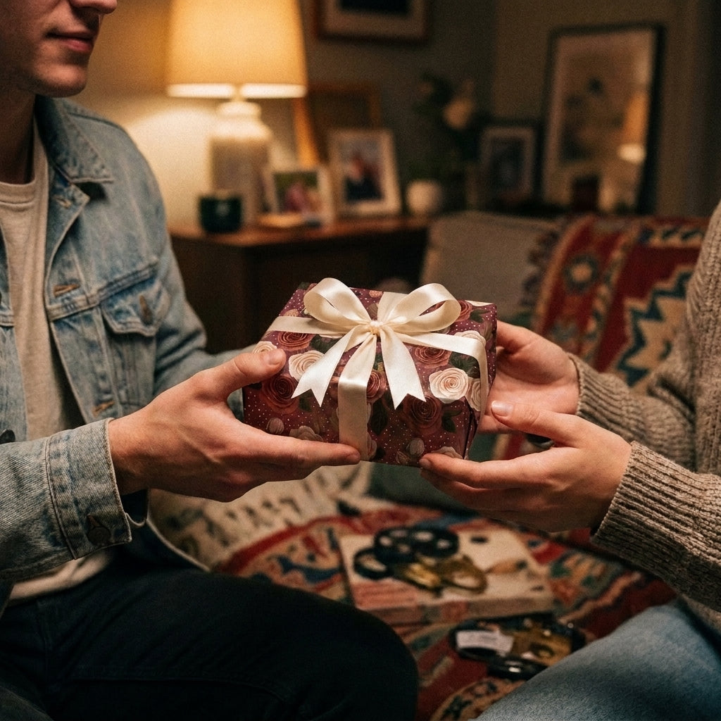 Hands exchanging a gift wrapped in vintage floral wrapping paper with a cream satin bow. Wrapped Studios.