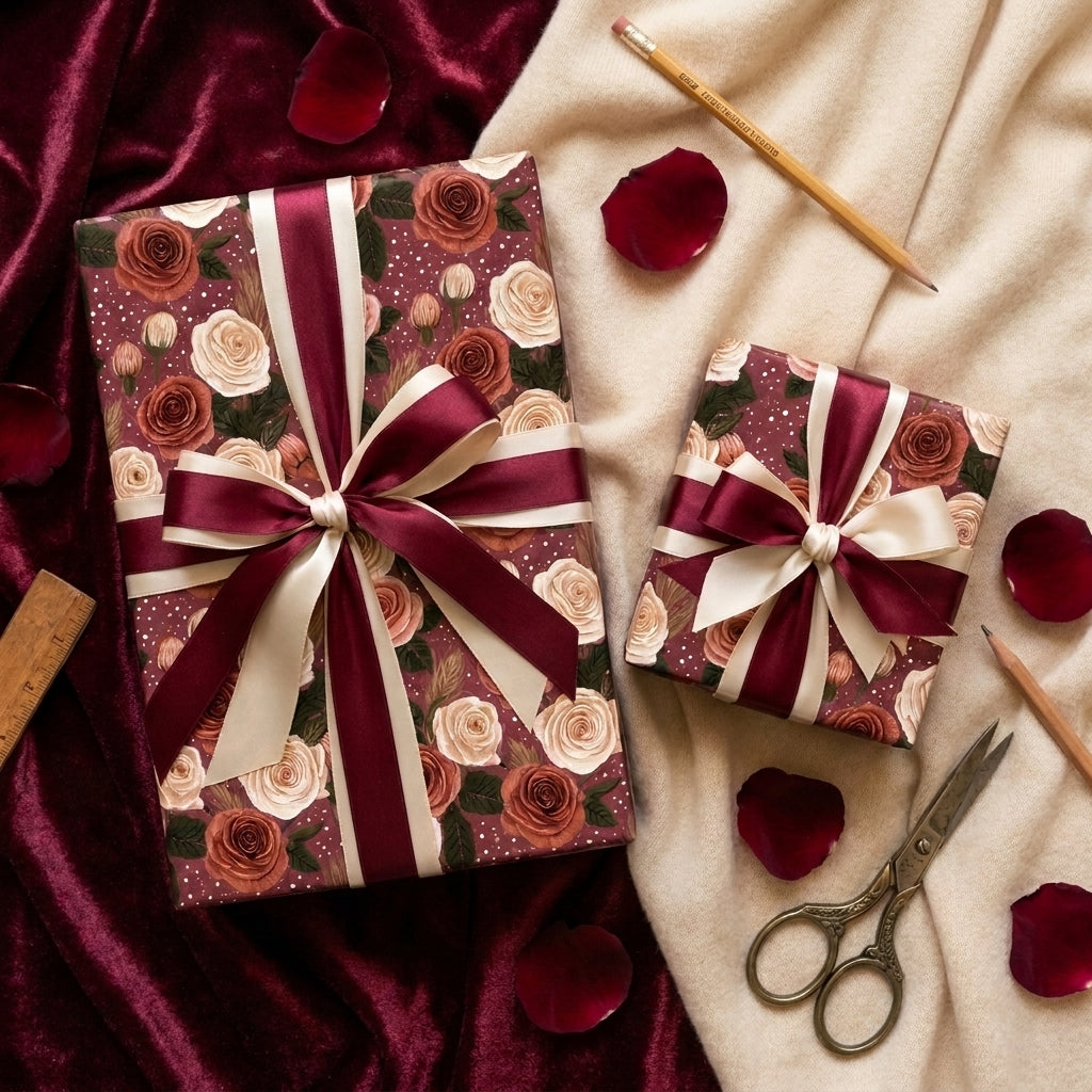 Elegant burgundy rose floral wrapping paper with satin ribbons on gift boxes by Wrapped Studios.