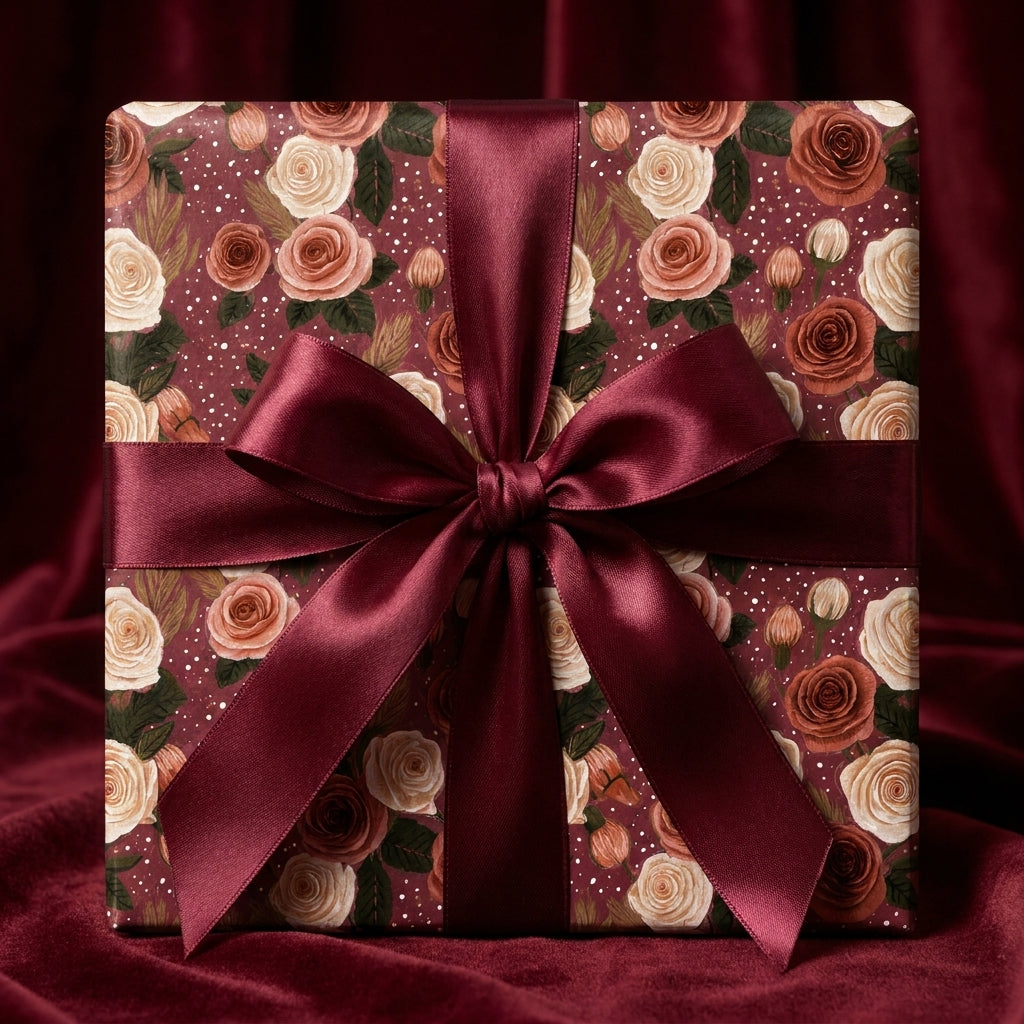 Elegant burgundy rose floral wrapping paper with a large satin bow by Wrapped Studios.