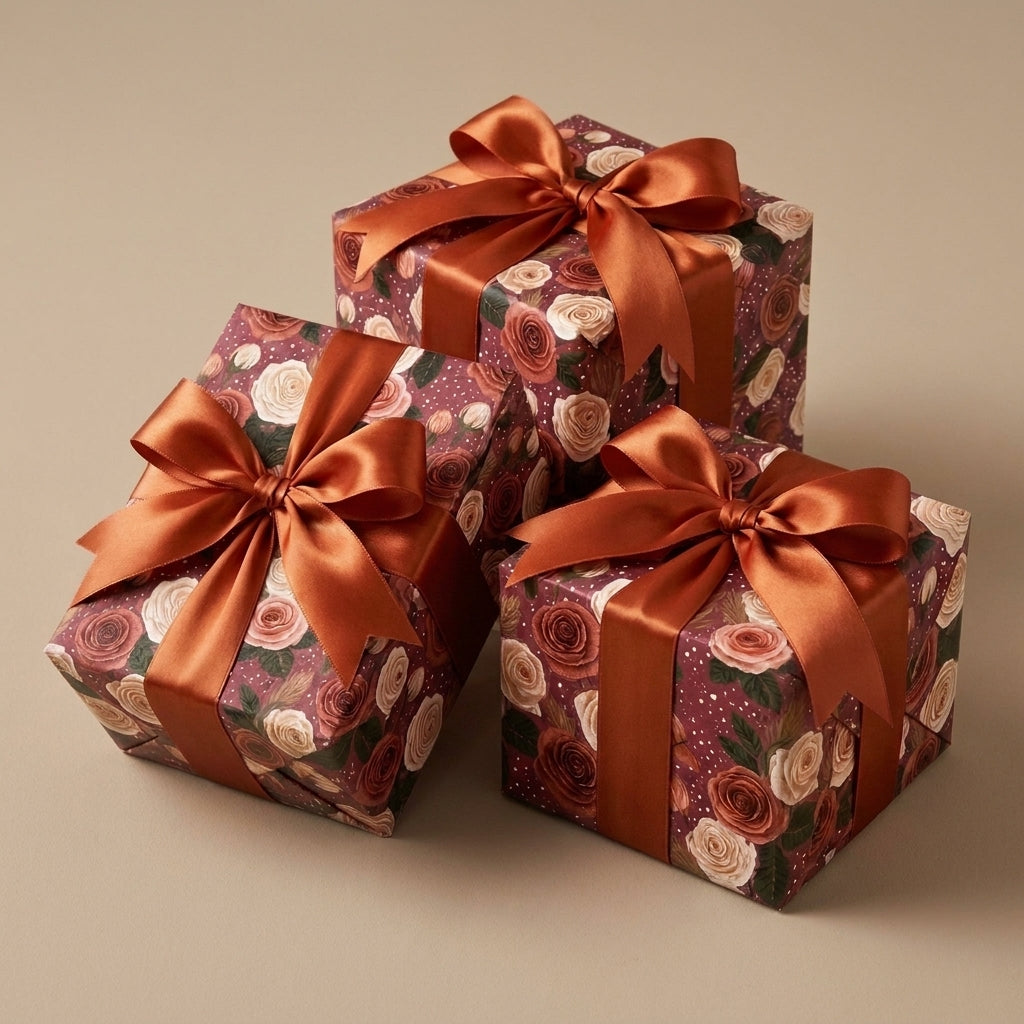 Luxury floral wrapping paper with vintage rose pattern and copper bows on gift boxes by Wrapped Studios.