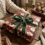 Vintage rose floral wrapping paper with a green velvet ribbon on a cozy gift by Wrapped Studios.