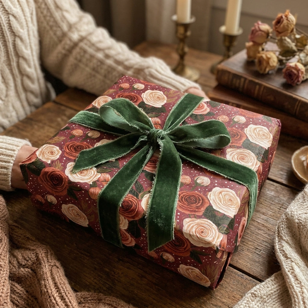 Vintage rose floral wrapping paper with a green velvet ribbon on a cozy gift by Wrapped Studios.
