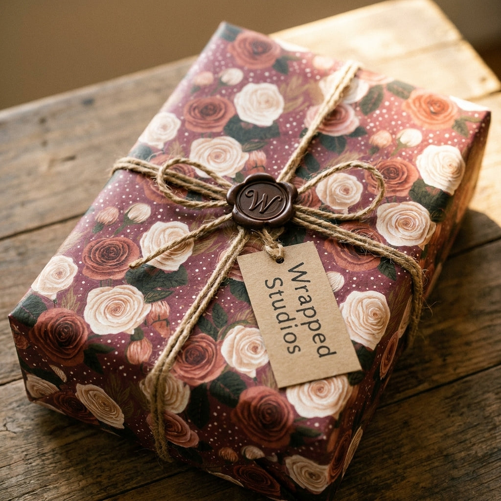 Vintage floral wrapping paper in burgundy with roses, twine, and a gift tag by Wrapped Studios.