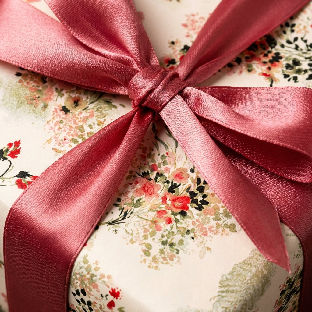 Elegant vintage floral wrapping paper with a dusty rose satin bow, luxury gift wrap by Wrapped Studios.