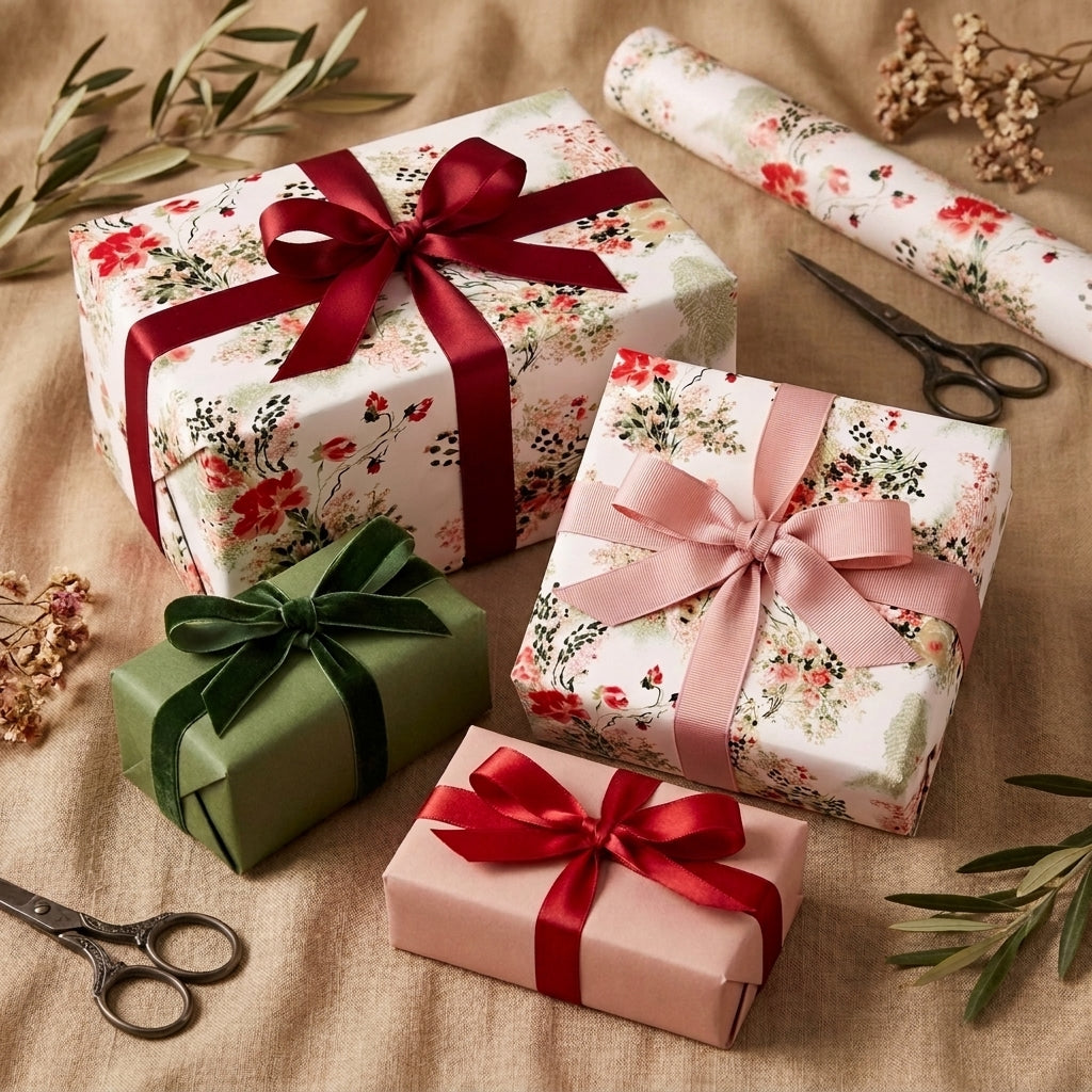 Elegant floral wrapping paper and luxury gift wrap with satin bows by Wrapped Studios.