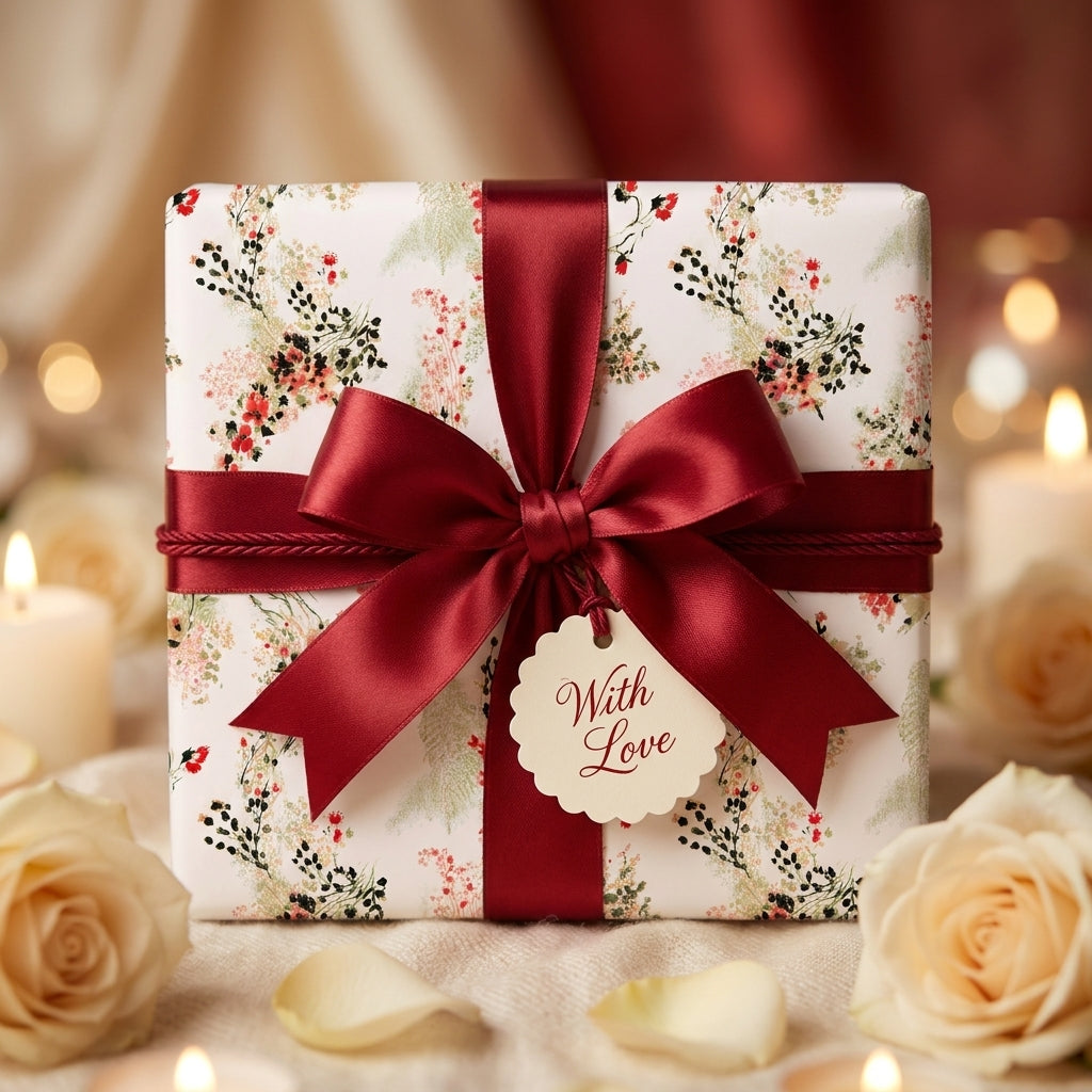 Elegant floral wrapping paper with a burgundy satin bow and "With Love" tag by Wrapped Studios.