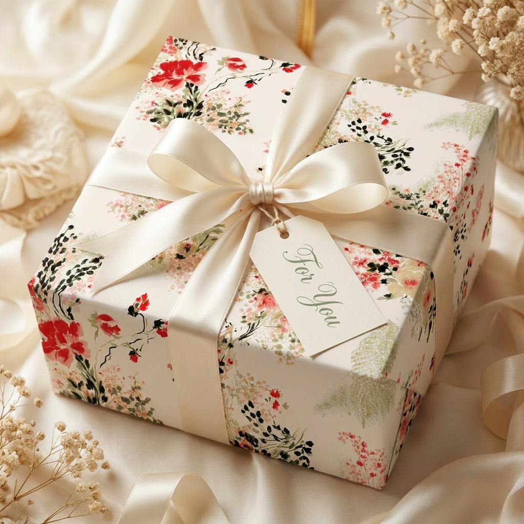 Vintage floral wrapping paper with a cream satin bow on a luxury gift box, by Wrapped Studios.