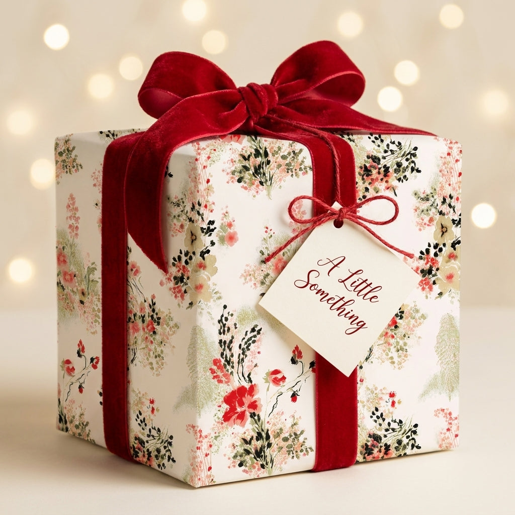 Vintage floral wrapping paper by Wrapped Studios on a gift box with a luxury red velvet ribbon and tag.
