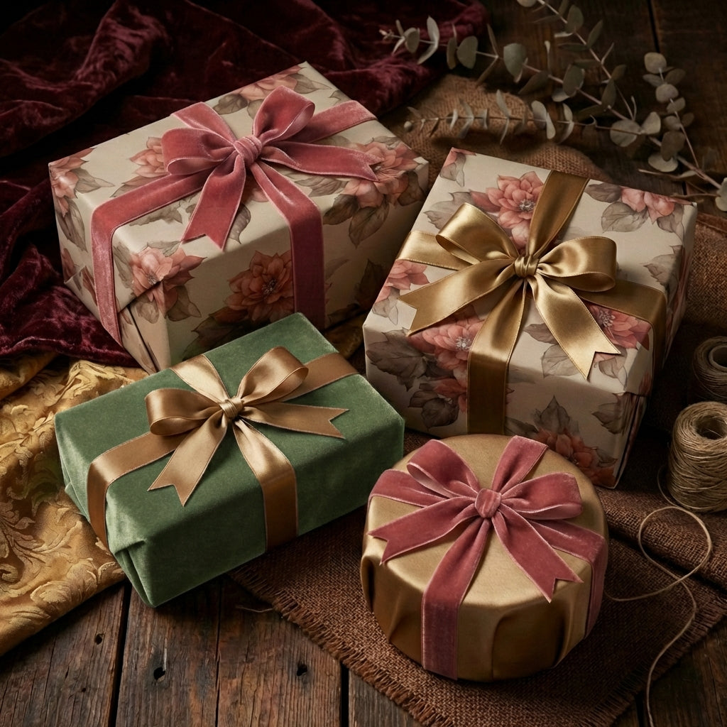 Elegant gifts wrapped in floral wrapping paper and velvet ribbon. Wrapped Studios.