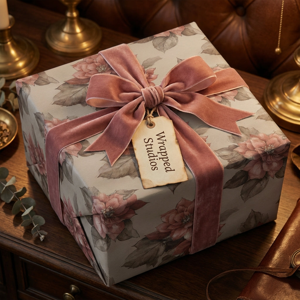 Wrapped Studios floral wrapping paper with mauve velvet ribbon on square gift box.