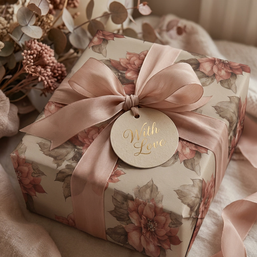 Floral wrapping paper with a blush ribbon and "With Love" tag, perfect for elegant gifts.