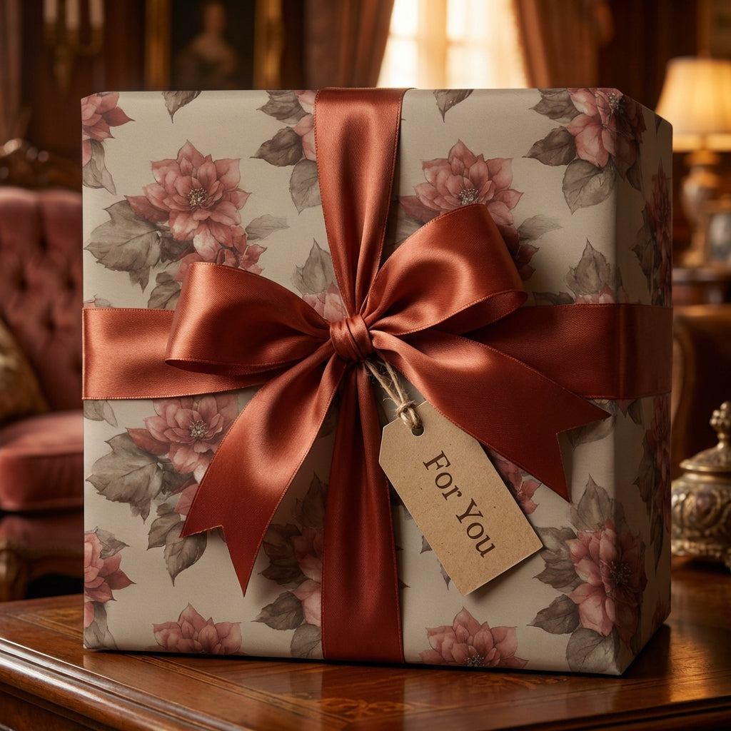 Elegant floral wrapping paper with rust ribbon & "For You" tag from Wrapped Studios.