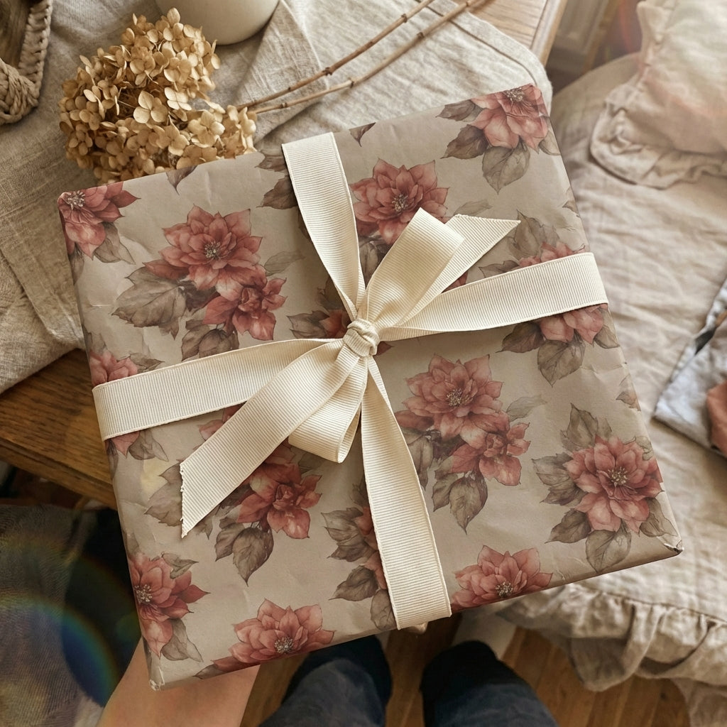 Elegant square gift wrapped in floral poinsettia paper with cream ribbon.