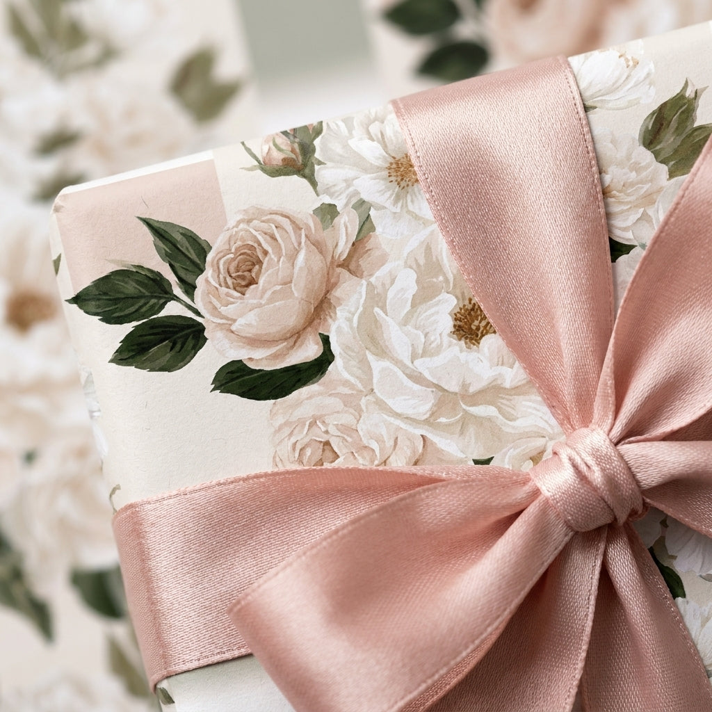 Luxury floral wrapping paper with vintage roses and a blush pink satin ribbon by Wrapped Studios.