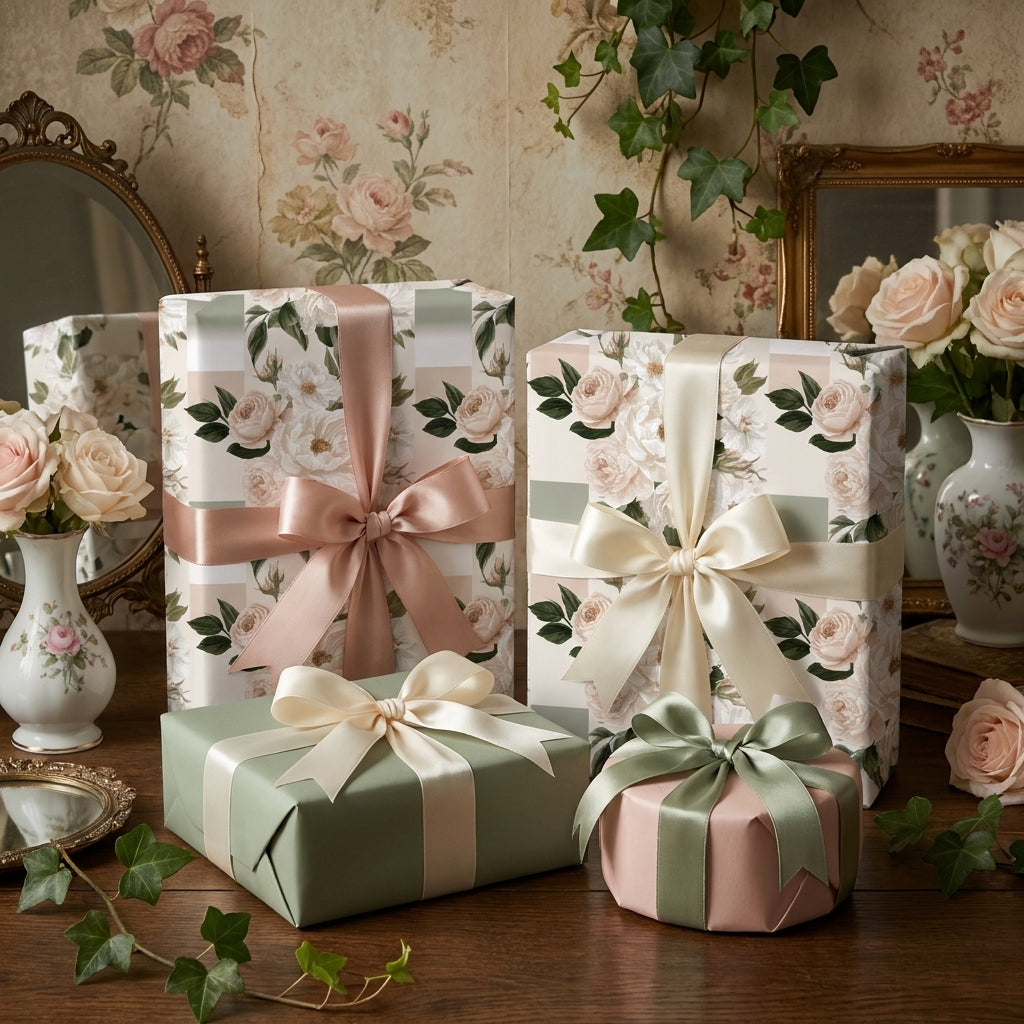 Luxury vintage floral wrapping paper with pink roses and satin bows on gift boxes by Wrapped Studios.