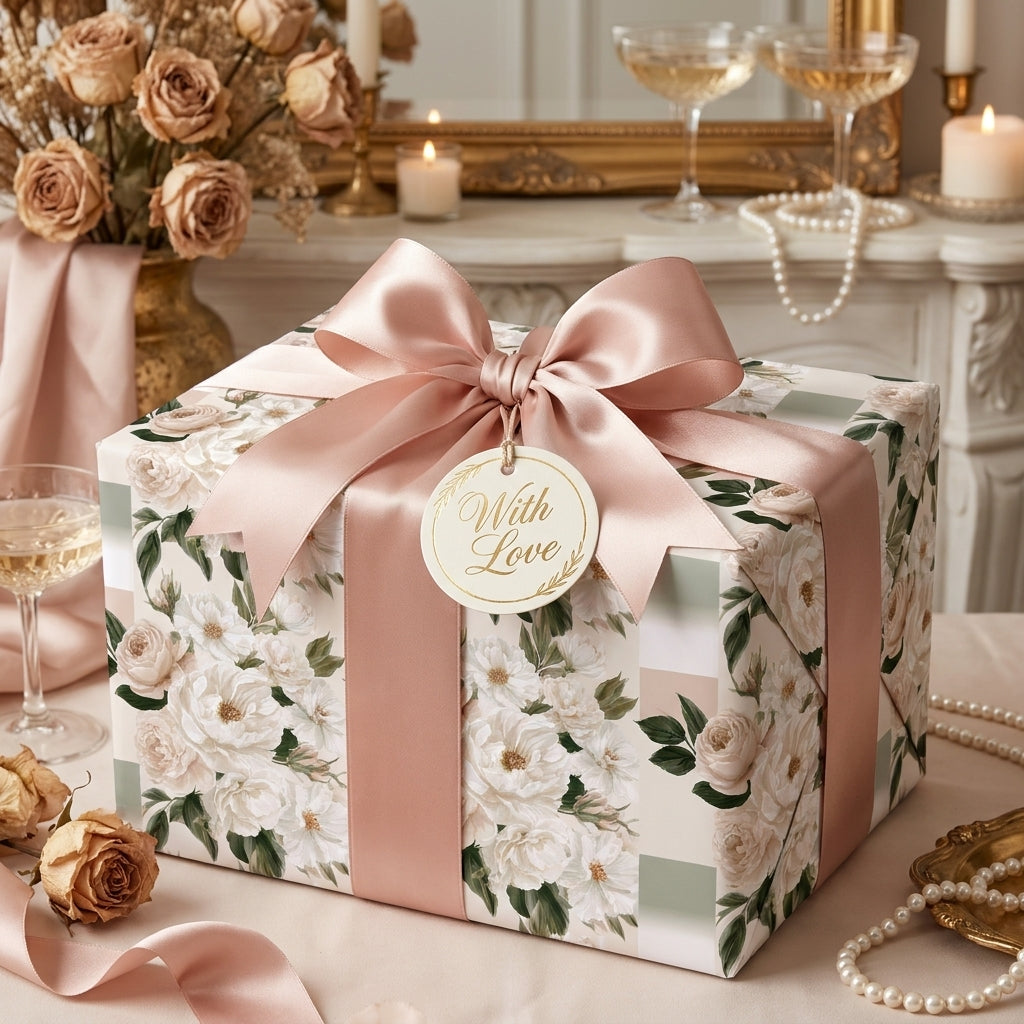 Elegant floral wrapping paper with a luxury blush pink satin bow by Wrapped Studios.