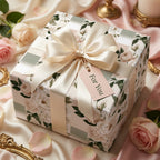 Elegant floral wrapping paper with cream roses and a satin bow on a luxury gift box by Wrapped Studios.