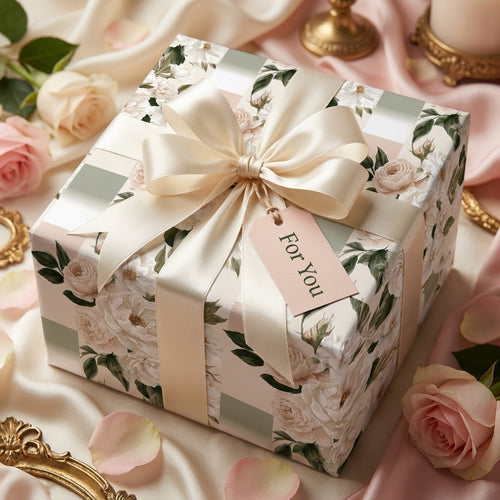 Elegant floral wrapping paper with cream roses and a satin bow on a luxury gift box by Wrapped Studios.