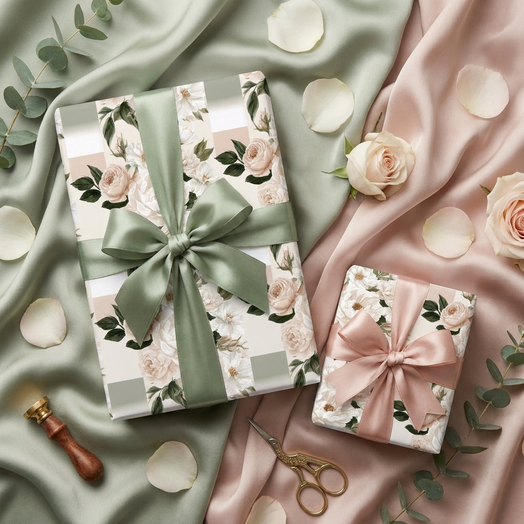 Luxury floral wrapping paper with sage and blush pink roses and satin bows by Wrapped Studios.