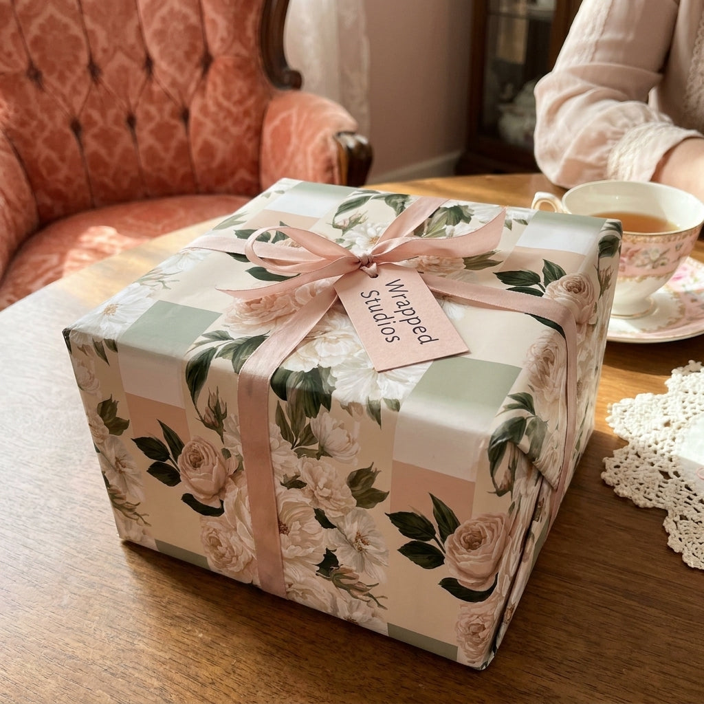 Vintage floral wrapping paper in sage and blush pink checks on a gift box by Wrapped Studios.